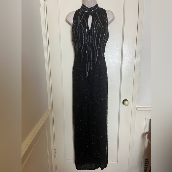 Jakelin Silk Sleeveless Beaded Gown with High Neck, Keyhole Front, and Open Back - Picture 7 of 14